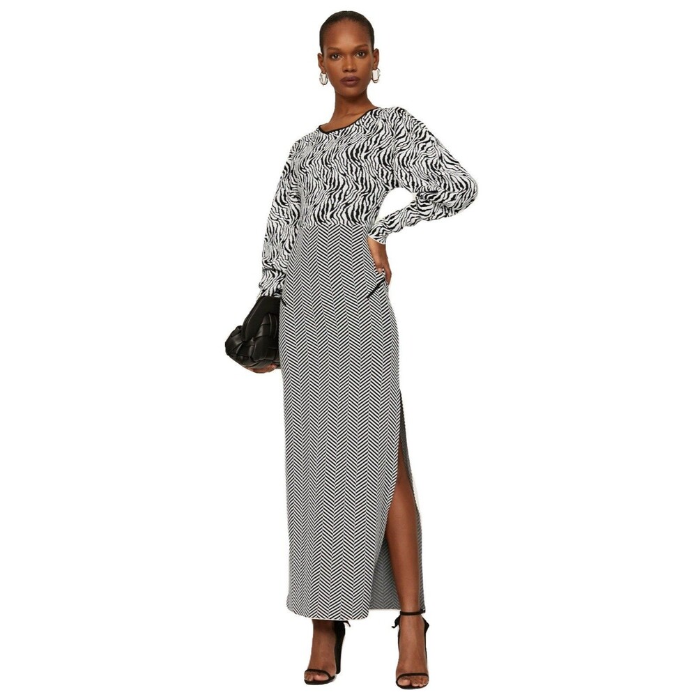NEW Esteban Cortezar Womens Medium Zebra Print Puff Sleeve Stretch Maxi Dress